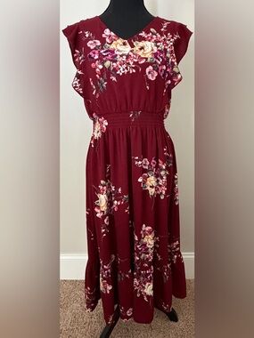 Chenault Burgundy Floral Midi Dress